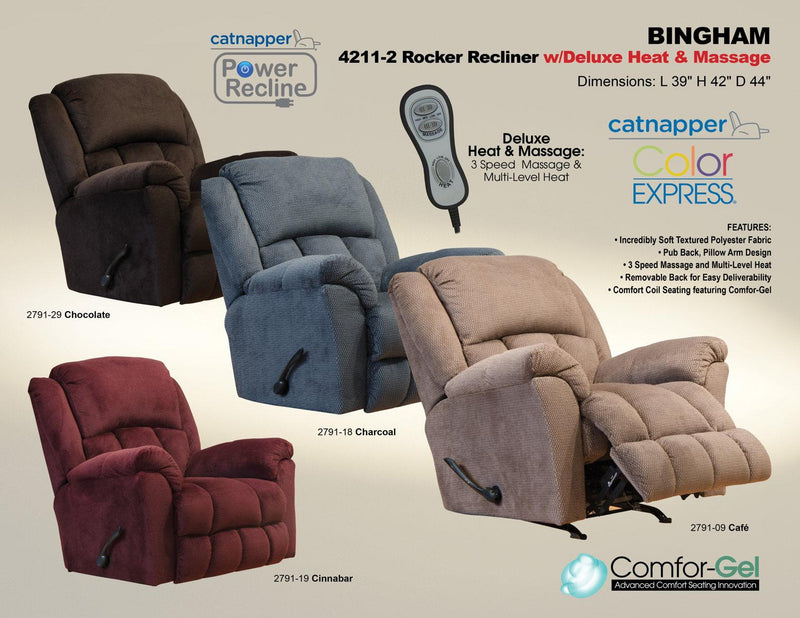 Catnapper Bingham Rocker Recliner w/Deluxe Heat & Massage in Chocolate 4211-2