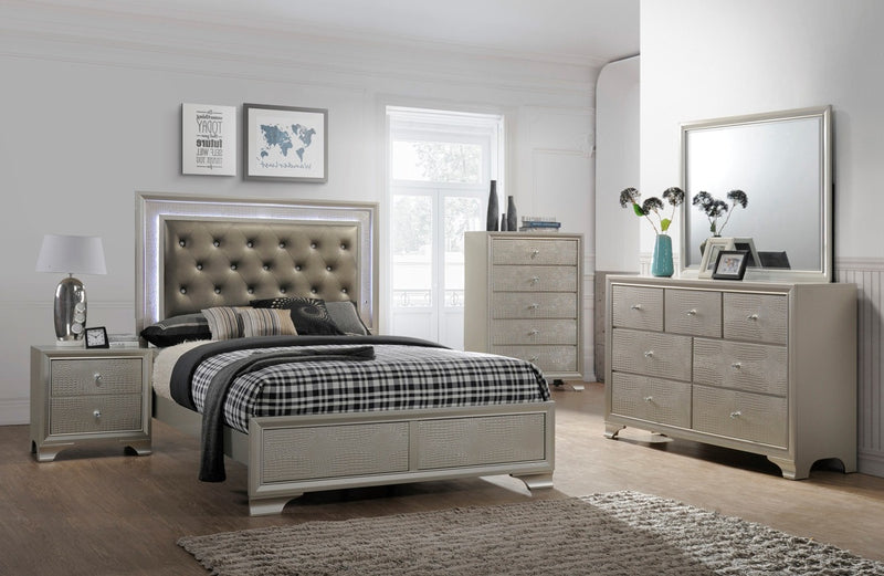 Crown Mark Lyssa King Upholstered Panel Bed in Embossed Crocodile Pattern
